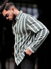 Terry Vertical Stripes Green Full Sleeve Shirt
