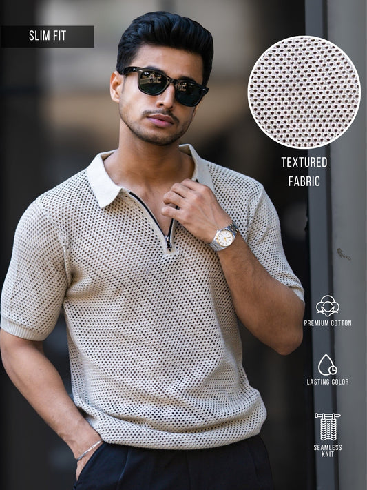 Resort Beige Flatknit Half Sleeve Polo T-Shirt