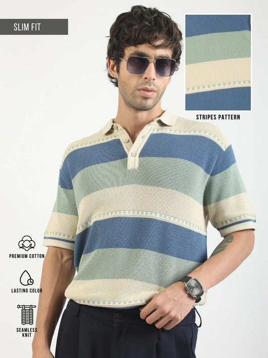 Monaco Stripe Flat-Knit Half Sleeve Polo T-Shirt – Cream & Denim Blue