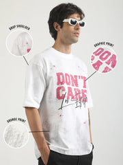 Don't Care White, Pink Half Sleeve T-Shirt
