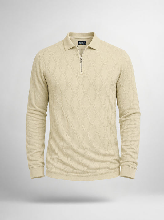 Angular Knit Beige Full Sleeve Polo T-Shirt