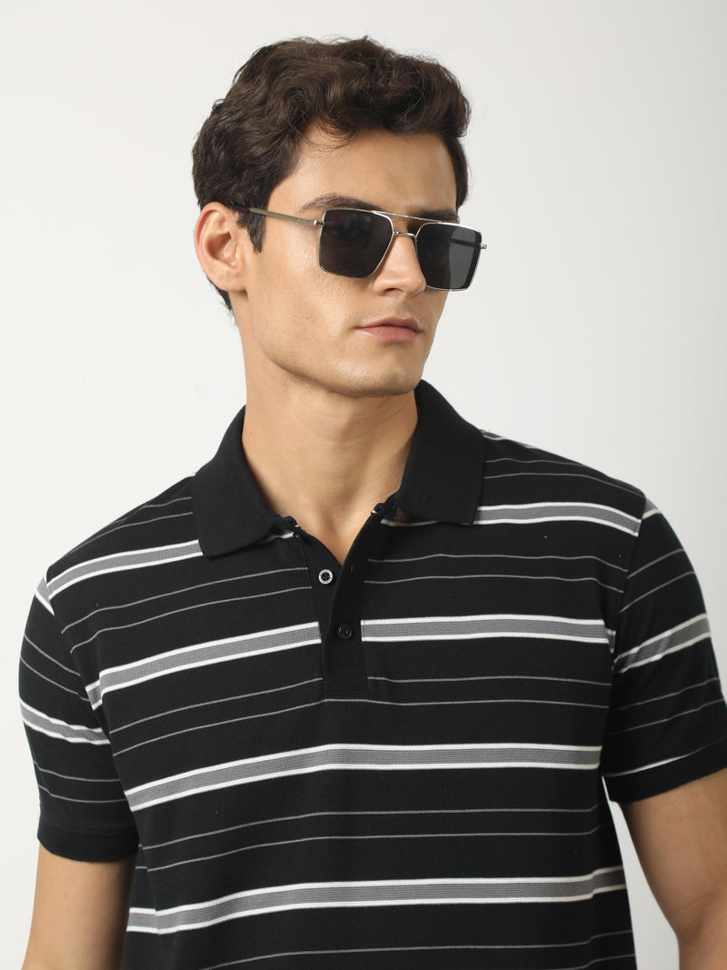 Neutral Stripe Black, Grey Half Sleeve Polo T-Shirt