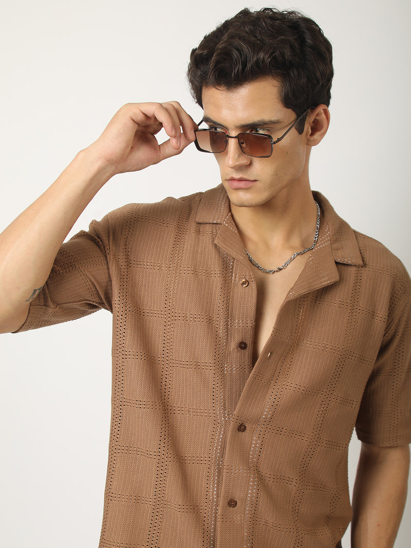 Rustic Knit Light Brown Half Sleeve Shirt