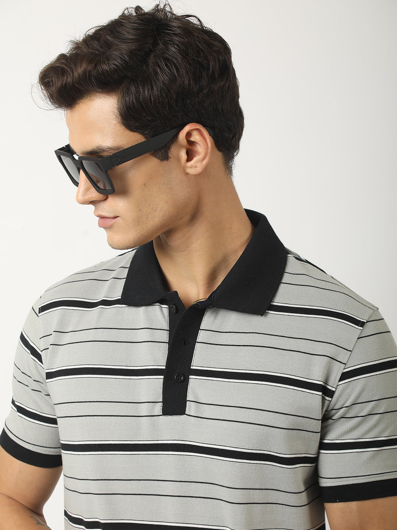 Neutral Stripe Grey, Black Half Sleeve Polo T-Shirt