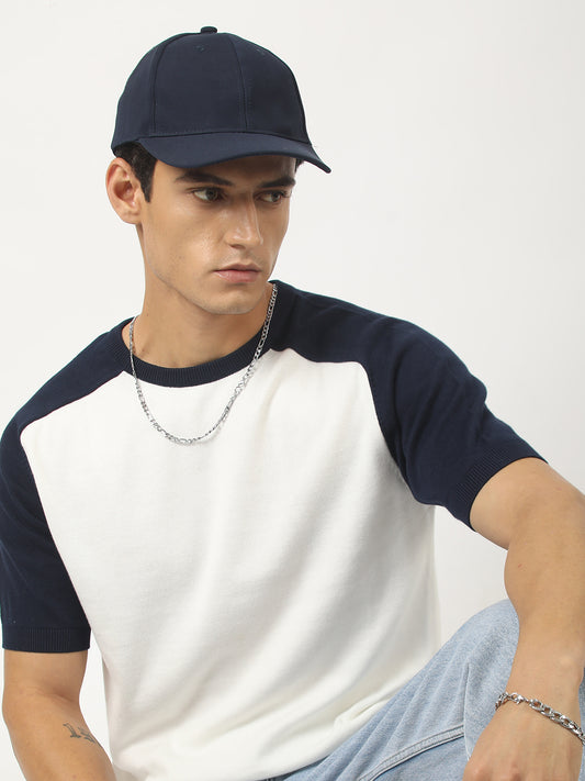 Flat Knit Raglan White Navy Half Sleeve T-Shirt