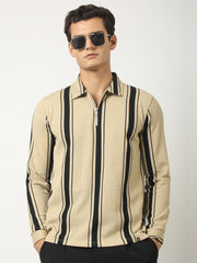 Cord Stripe Beige Full Sleeve Polo T-Shirt