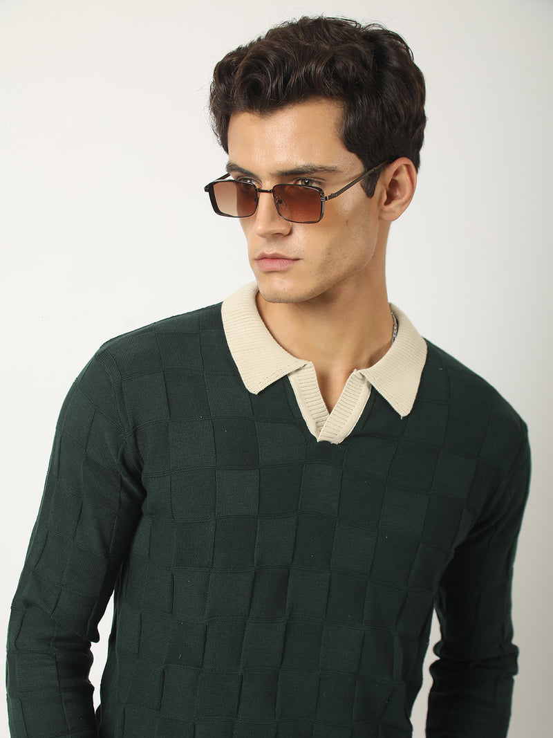 Cubic Knit Dark Green Full Sleeve Polo T-Shirt
