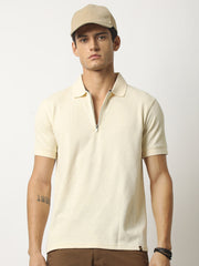 Marble Grid Cream Half Sleeve Polo T-Shirt