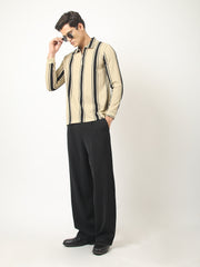 Cord Stripe Beige Full Sleeve Polo T-Shirt