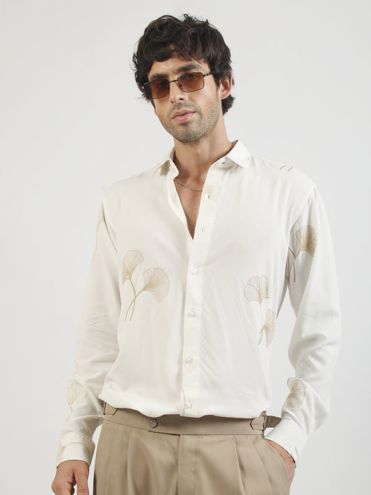 Biloba Leaf Embroidery Cream Full Sleeve Shirt