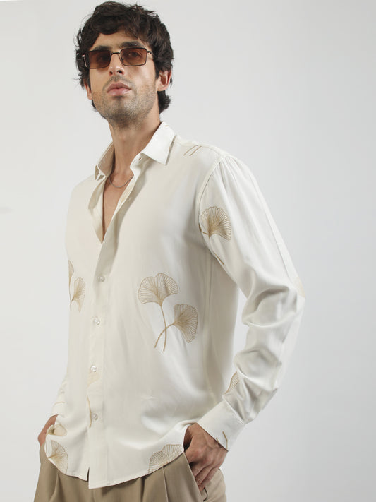 Biloba Leaf Embroidery Cream Full Sleeve Shirt