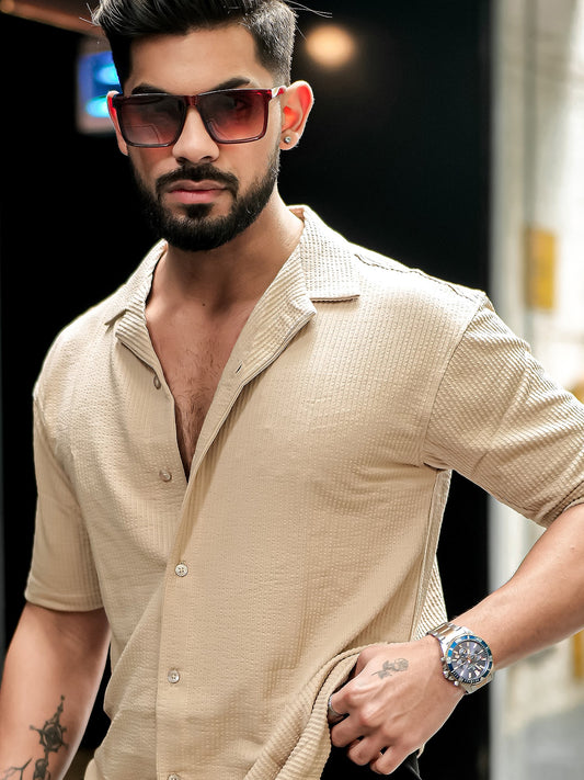Elliot Knit Beige Lycra Half Sleeve Shirt