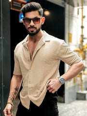 Elliot Knit Beige Lycra Half Sleeve Shirt