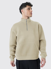 Half Zipper Beige Full Sleeve Sweatshirt