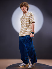 Popcorn Horizontal Stripe Beige Half Sleeve T-Shirt