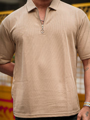 Brooklyn Half Zipper Beige Polo Half Sleeve T-Shirt
