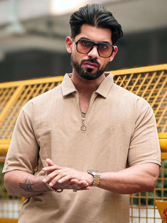 Brooklyn Half Zipper Beige Polo Half Sleeve T-Shirt