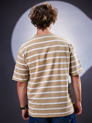 Popcorn Horizontal Stripe Beige Half Sleeve T-Shirt