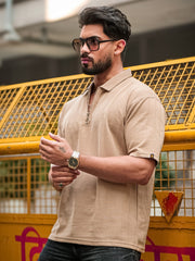 Brooklyn Half Zipper Beige Polo Half Sleeve T-Shirt