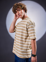 Popcorn Horizontal Stripe Beige Half Sleeve T-Shirt