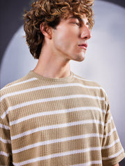 Popcorn Horizontal Stripe Beige Half Sleeve T-Shirt