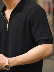 Croshia knit Beige Half Zip Half Sleeve Polo T-Shirt