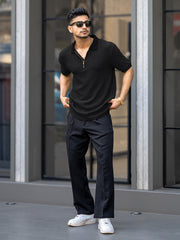 Croshia knit Beige Half Zip Half Sleeve Polo T-Shirt