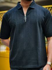 Brooklyn Half Zipper Black Polo Half Sleeve T-Shirt