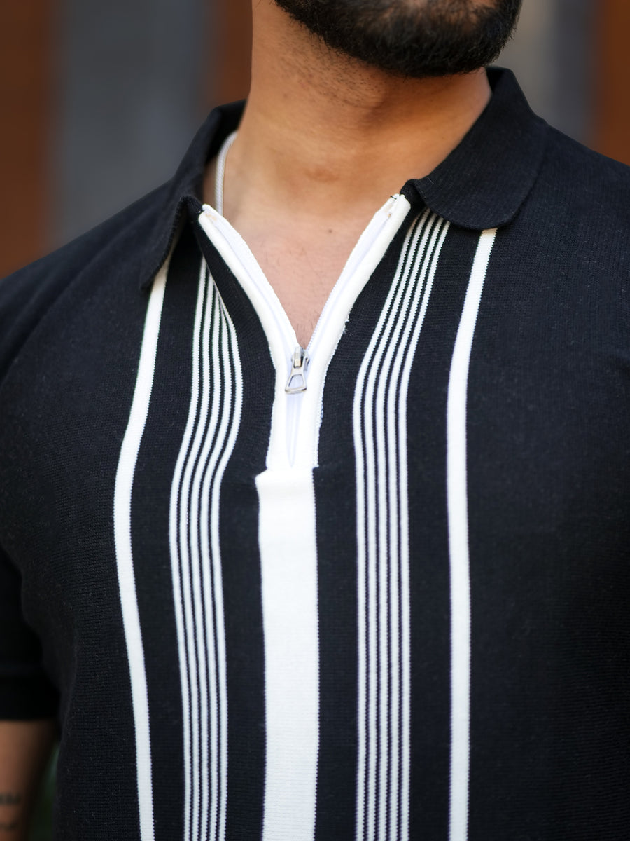 Black half sleeve oldmoney stripe polo t-shirt for men - view 2