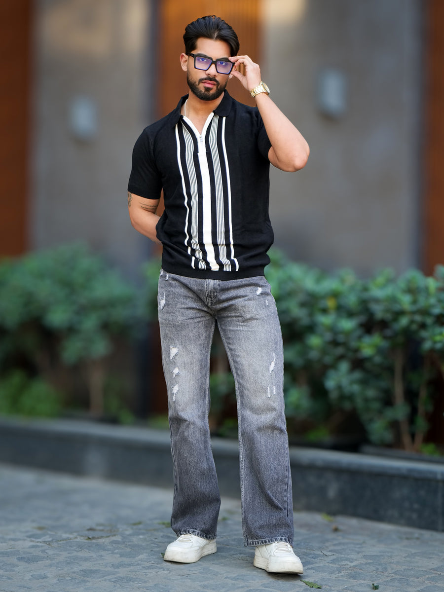 Black half sleeve oldmoney stripe polo t-shirt for men - view 6