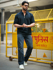 Brooklyn Half Zipper Black Polo Half Sleeve T-Shirt