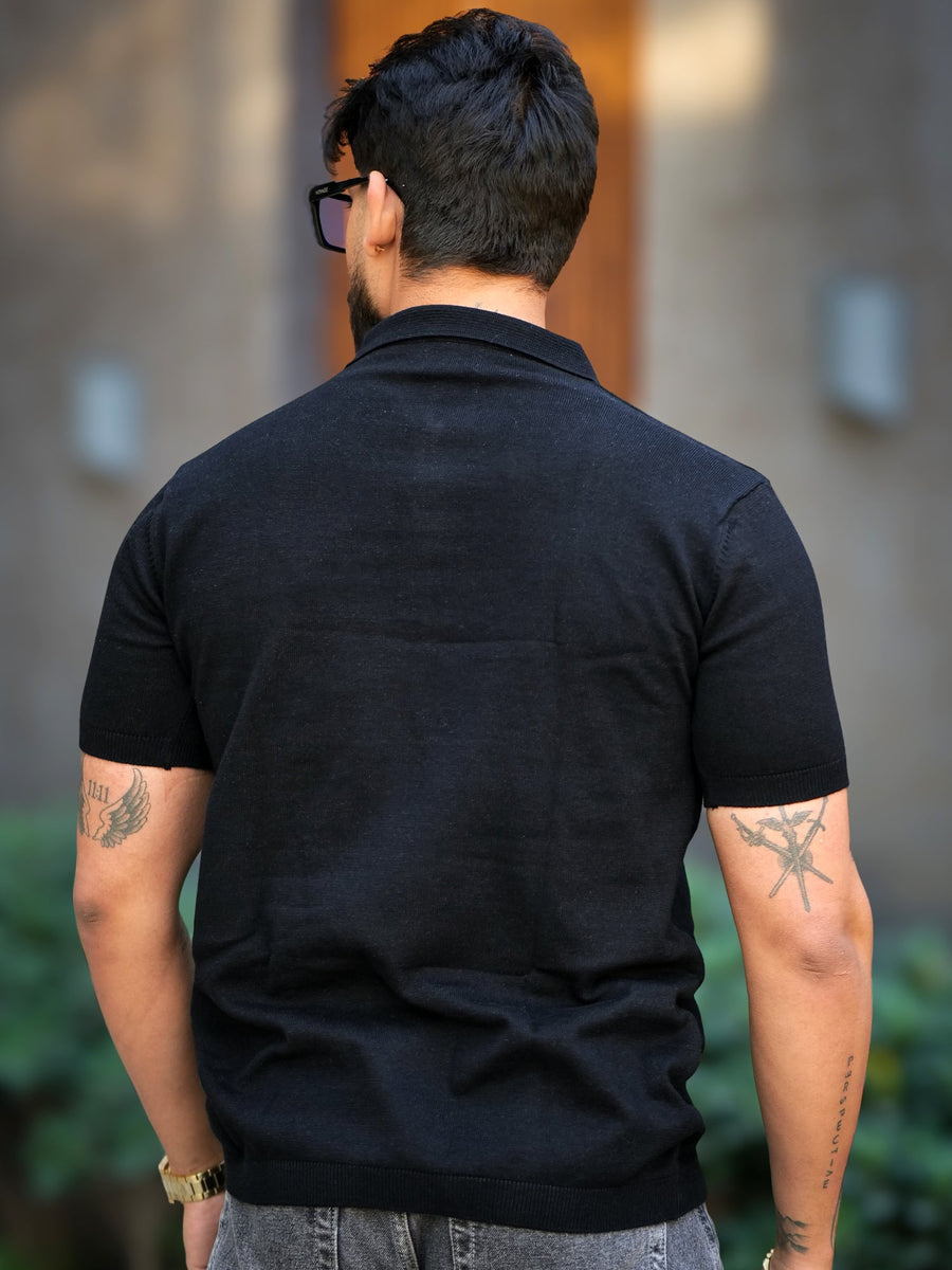 Black half sleeve oldmoney stripe polo t-shirt for men - view 5