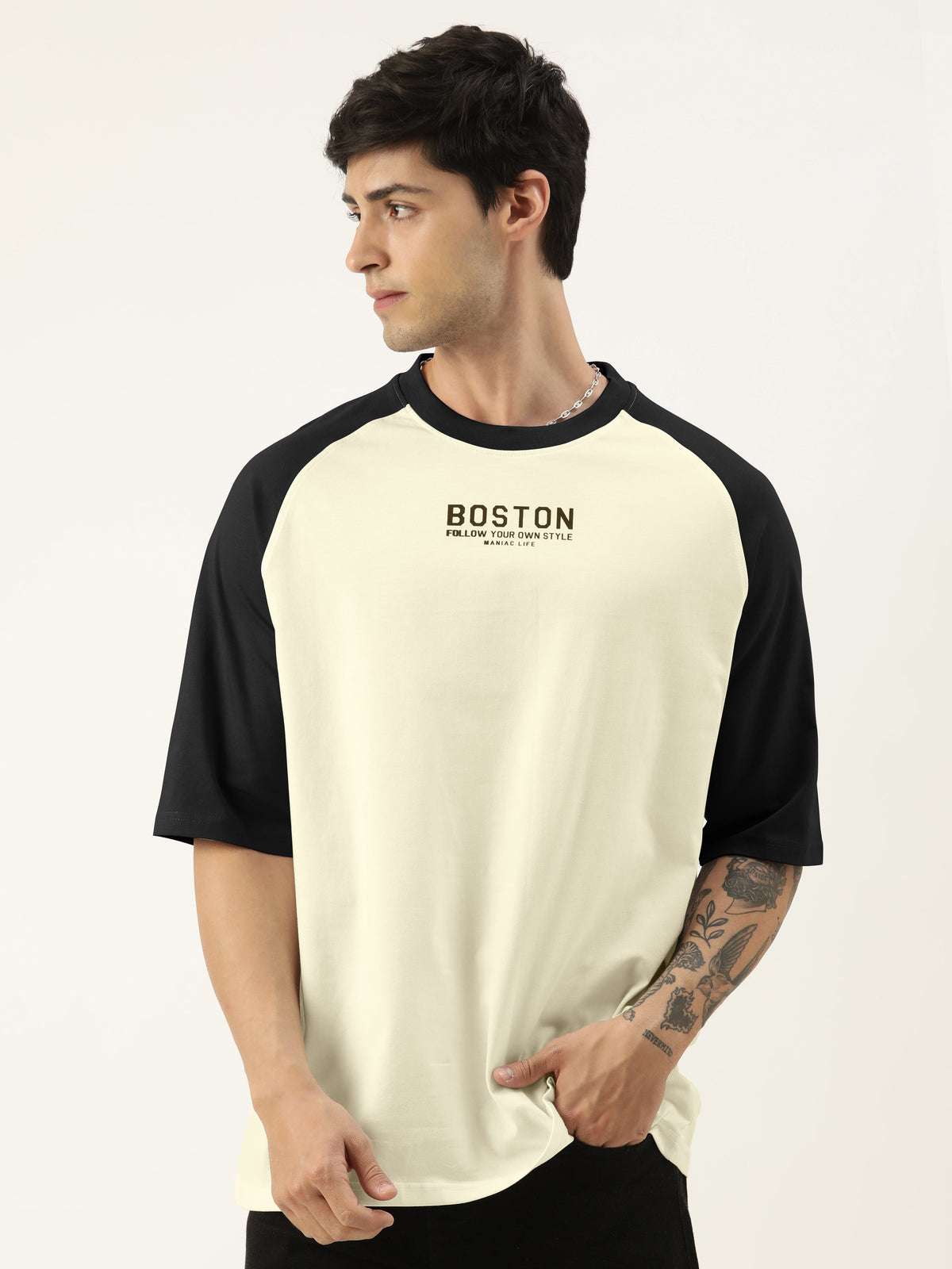 Black half sleeve boston beige oversized t-shirt for men