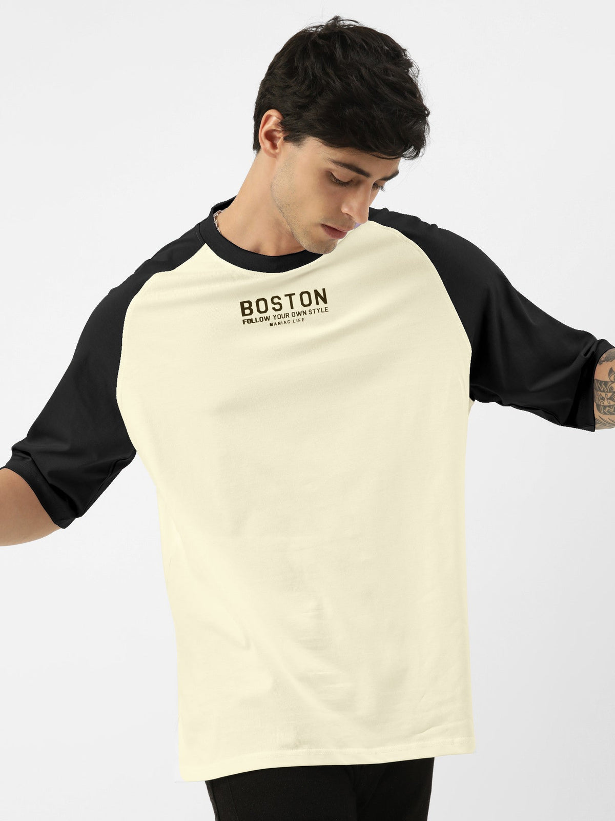 Black half sleeve boston beige oversized t-shirt for men - view 2
