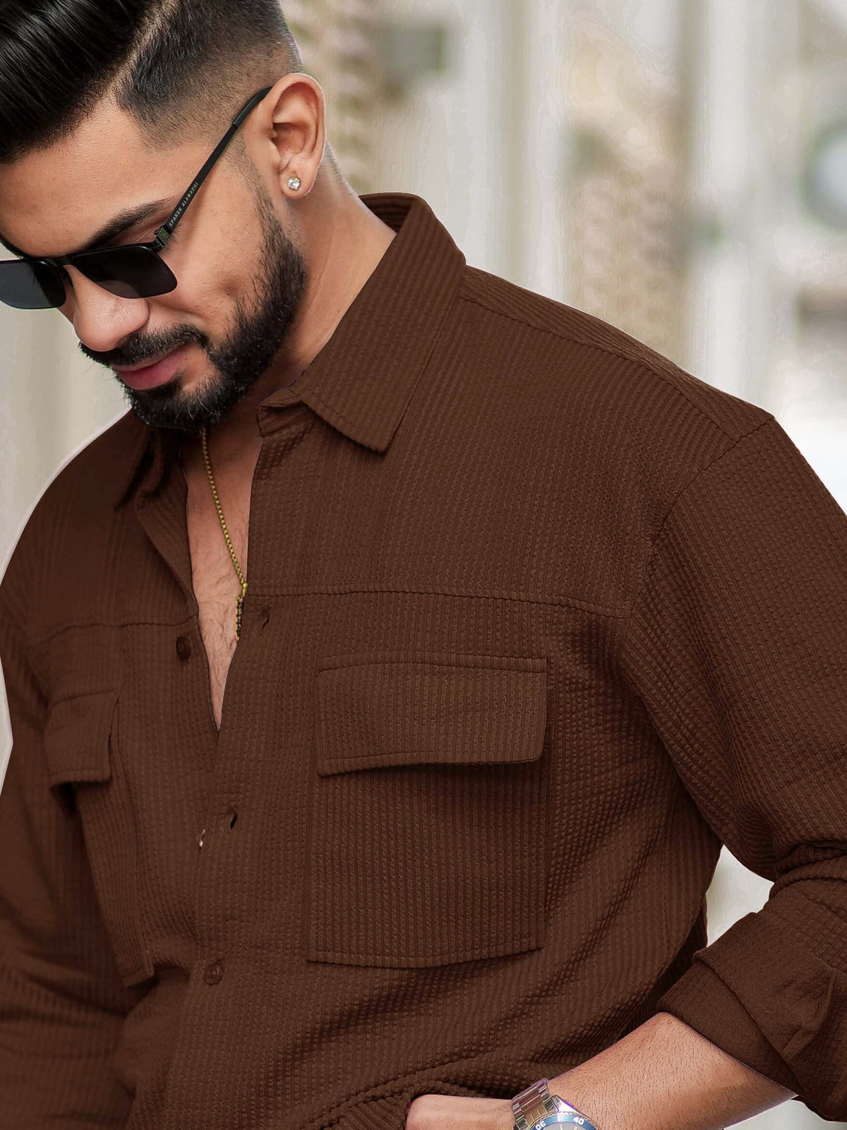 Brown full sleeve elliot knit lycra shirt for men