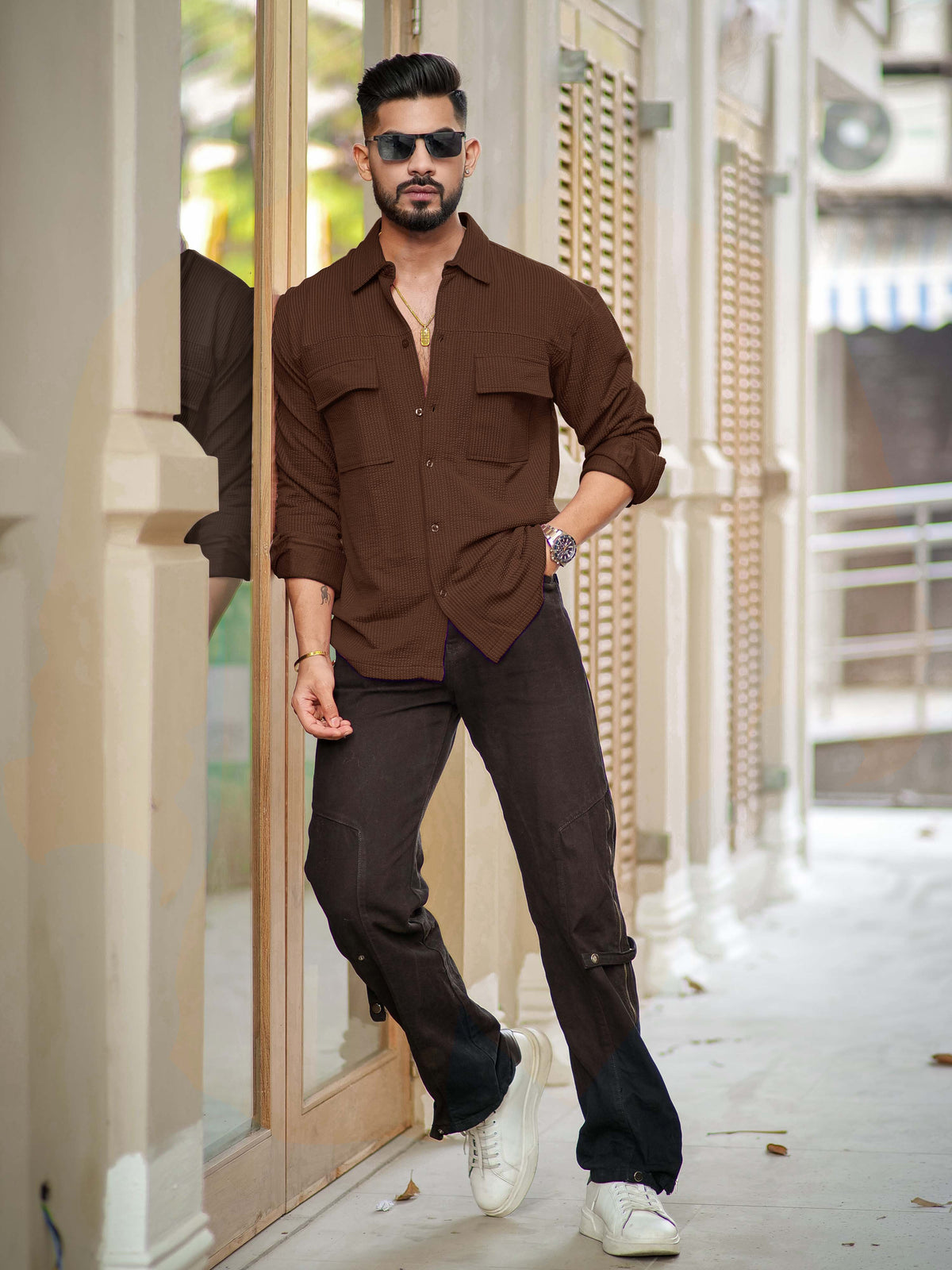 Brown full sleeve elliot knit lycra shirt for men - view 5