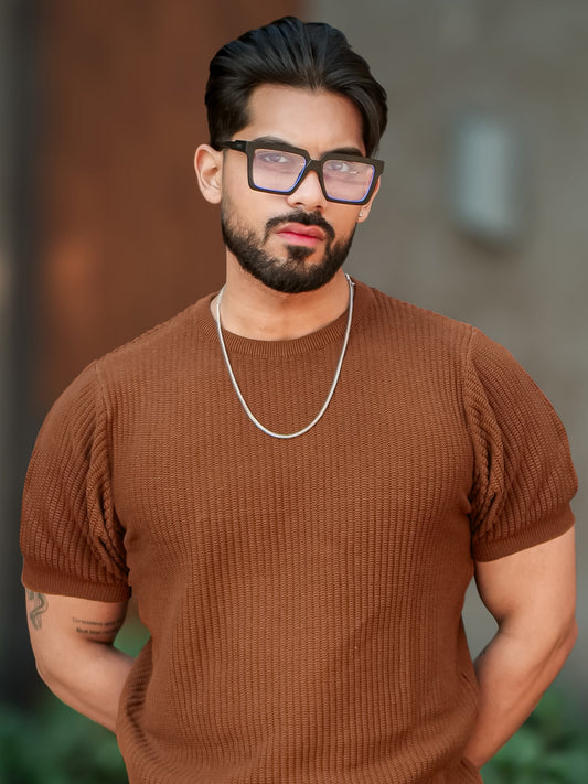 Pebbleknit Brown Half Sleeve T-Shirt