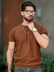 Pebbleknit Brown Half Sleeve T-Shirt