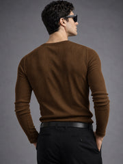 Brown Ribbed Henley Neck Full Sleeve T-Shirt