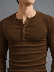 Brown Ribbed Henley Neck Full Sleeve T-Shirt