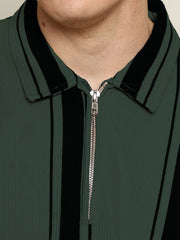 Cord Stripe Bottle Green Full Sleeve Polo T-Shirt