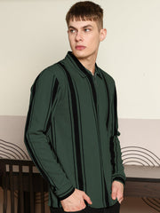 Cord Stripe Bottle Green Full Sleeve Polo T-Shirt