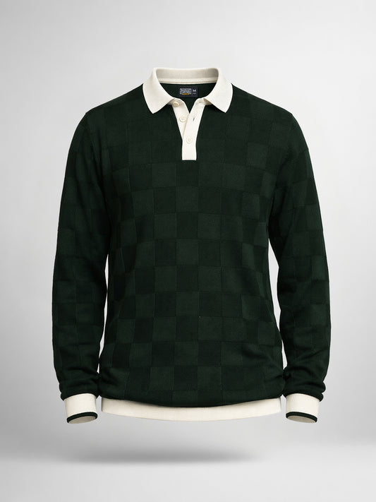 Cubic Knit Dark Green Full Sleeve Polo T-Shirt