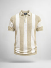 Vertical Stripe FlatKnit Cotton Beige Half Sleeve Polo T-Shirt