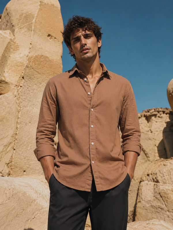 Brown full sleeve cotton linen mocha shirt for men