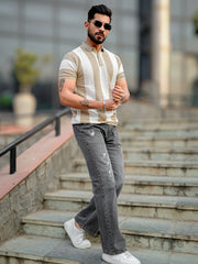 Vertical Stripe FlatKnit Cotton Beige Half Sleeve Polo T-Shirt