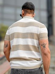Vertical Stripe FlatKnit Cotton Beige Half Sleeve Polo T-Shirt