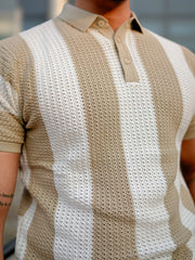 Vertical Stripe FlatKnit Cotton Beige Half Sleeve Polo T-Shirt