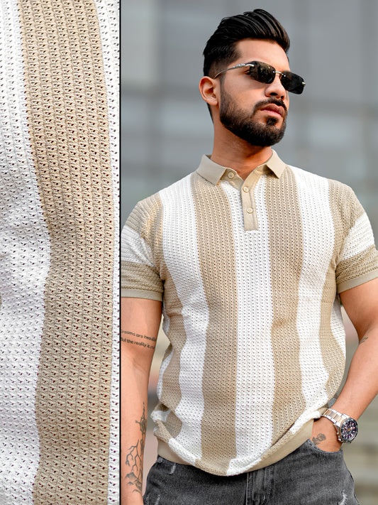 Vertical Stripe FlatKnit Cotton Beige Half Sleeve Polo T-Shirt