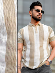 Vertical Stripe FlatKnit Cotton Beige Half Sleeve Polo T-Shirt